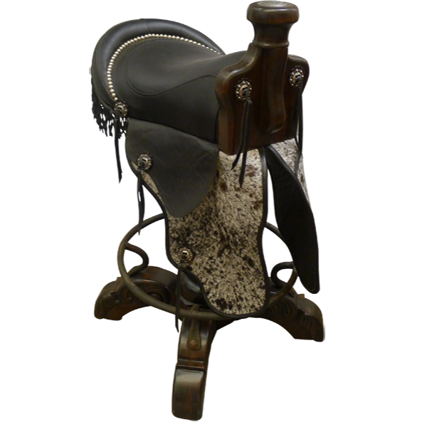 Three-quarter front view of Saddle 8 bar stool with dark leather saddle, gray cowhide fenders, and decorative conchos