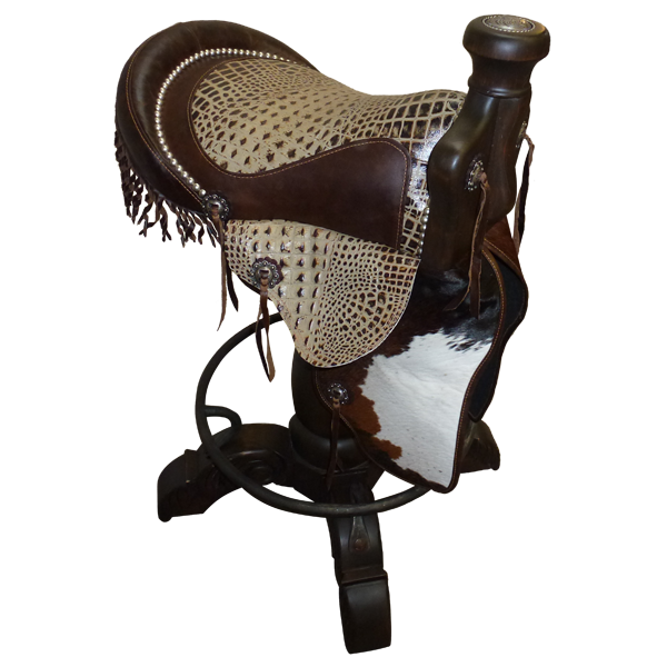Three-quarter front view of Saddle 11 bar stool with embossed leather saddle and cowhide fenders