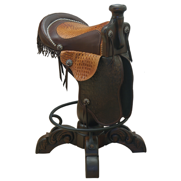 Three-quarter front view of Kineño 3 Saddle bar stool with cowhide fenders and decorative fringe