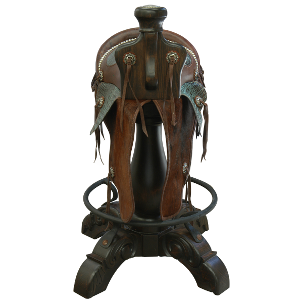 Front view of Kineño 5 Saddle bar stool with turquoise embossed leather seat and floral horn detail