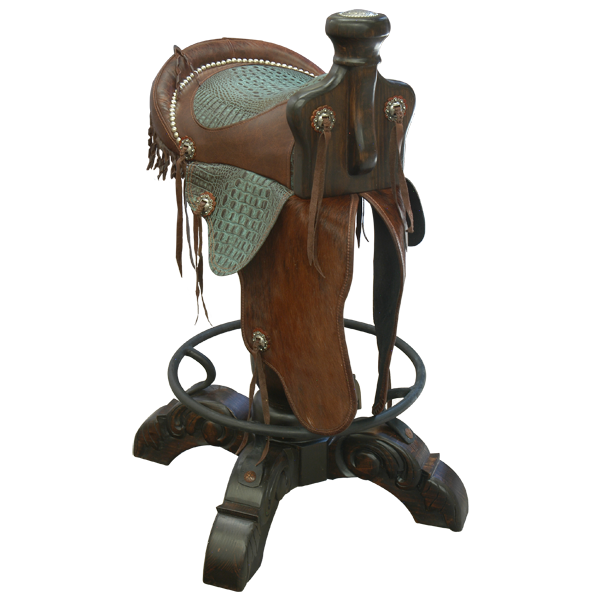 Three-quarter front view of Kineño 5 Saddle bar stool with cowhide fenders and turquoise leather seat