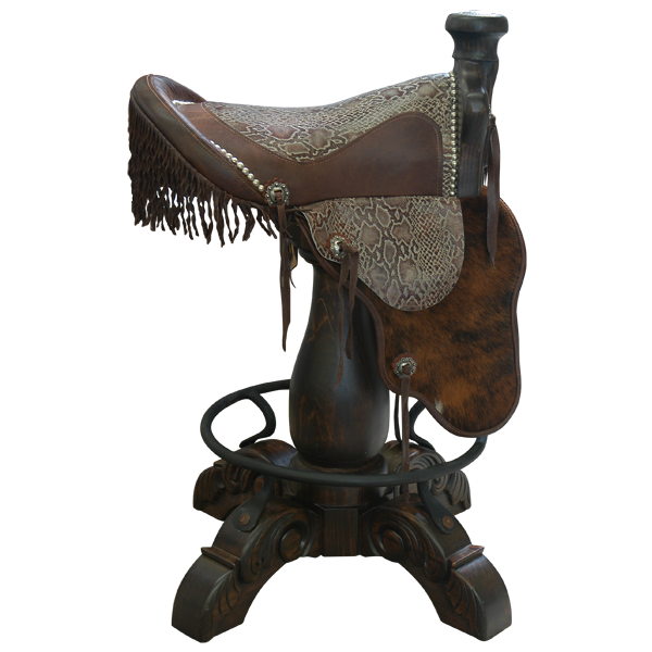 Side view of Kineño 6 Saddle bar stool with fringe, cowhide fenders, and decorative conchos