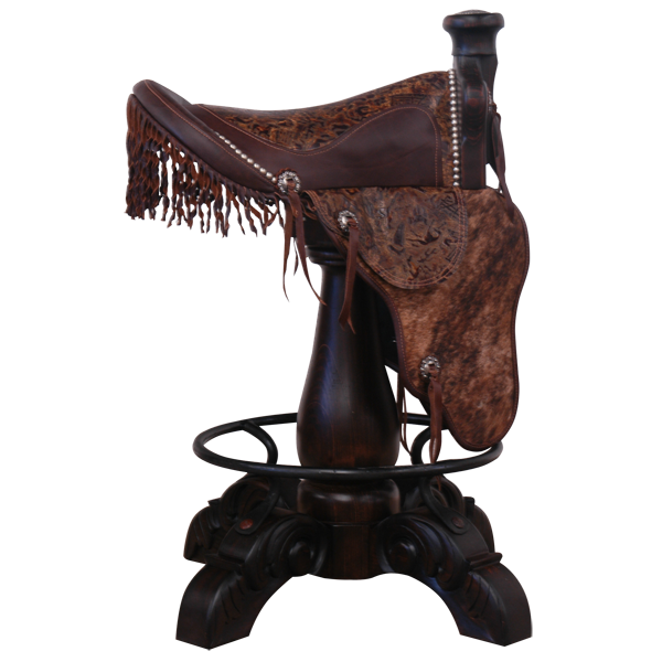 Side view of Kineño 7 Saddle bar stool with fringe, cowhide fenders, and decorative conchos