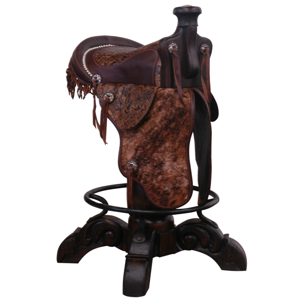 Three-quarter front view of Kineño 7 Saddle bar stool with cowhide fenders and patterned leather seat