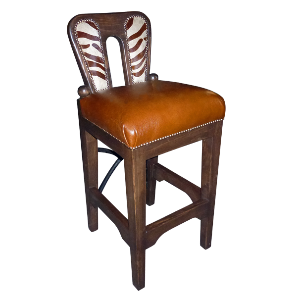 Front view of La Manada bar stool with zebra cowhide backrest and arched cut-out