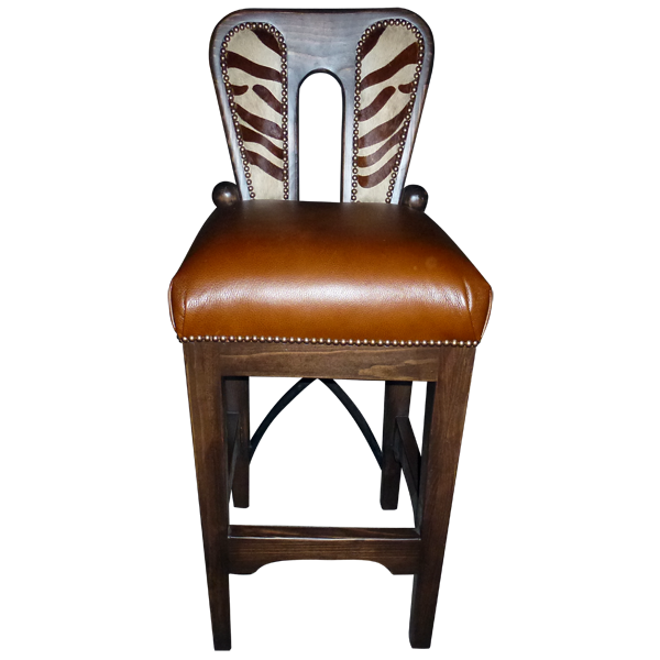 Three-quarter front view of La Manada bar stool with cowhide backrest and wood legs