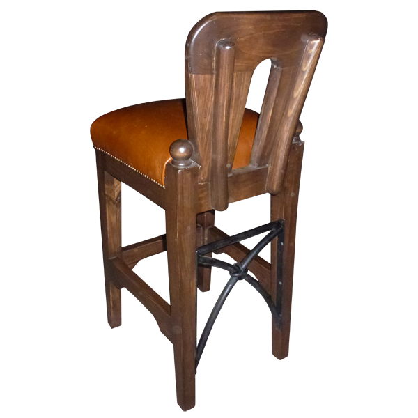 Three-quarter rear view of La Manada bar stool with brown wood back and iron support