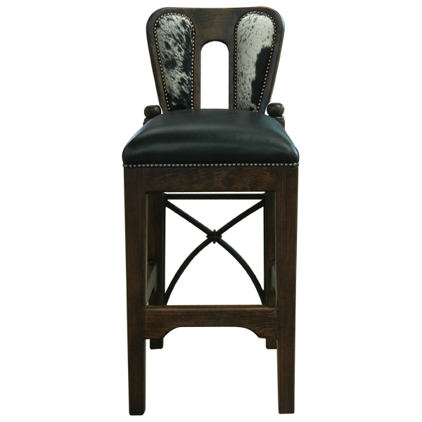 Front view of La Manada 2 bar stool with zebra cowhide backrest and arched cut-out