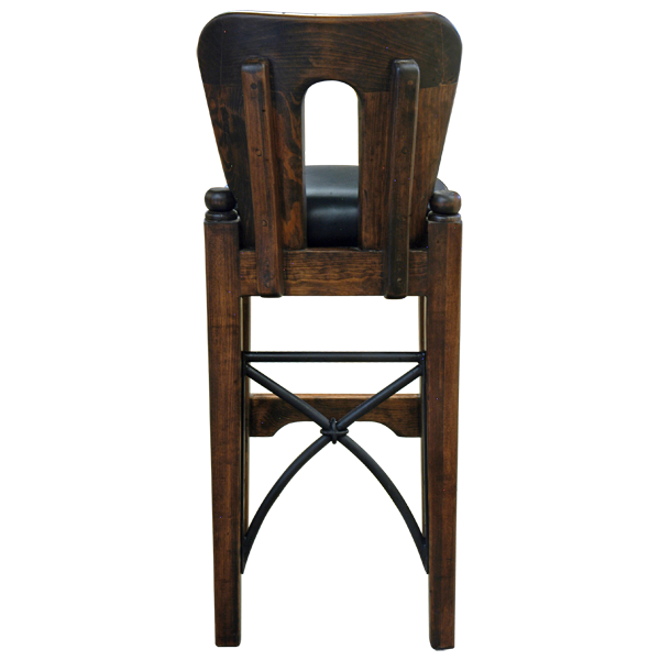 Rear view of La Manada 2 bar stool with dark wood back and iron leg detail