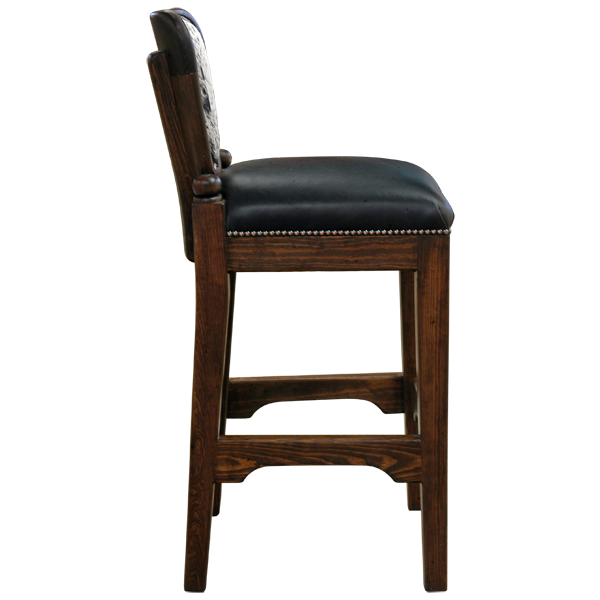 Side view of La Manada 2 bar stool with zebra cowhide backrest and iron leg support