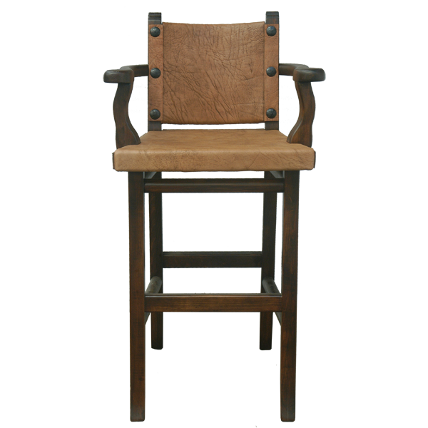Front view of El Alto bar stool with brown cowhide upholstery and iron conchos