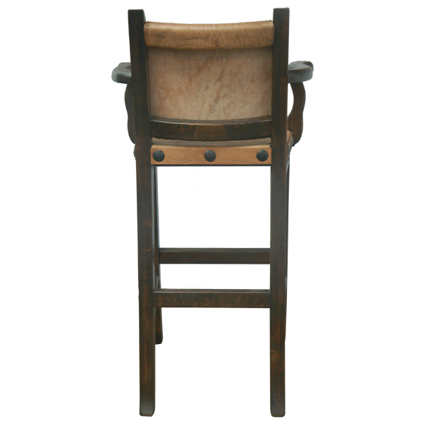 Rear view of El Alto bar stool with cowhide backrest and high wood crossbar