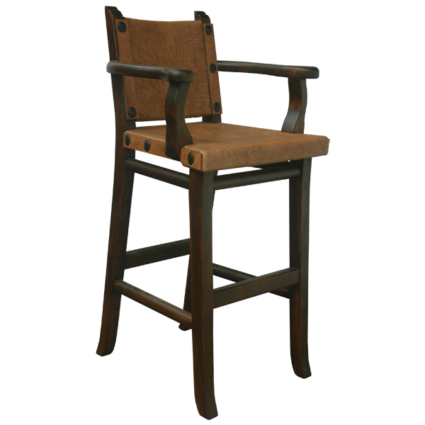 Three-quarter front view of El Alto bar stool with cowhide seat and decorative iron details