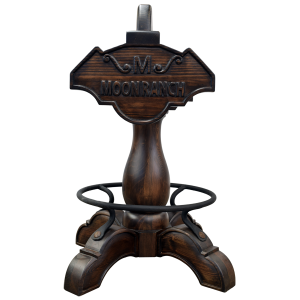 Front view of Champion 6 Saddle bar stool with carved wood and Western copper panels