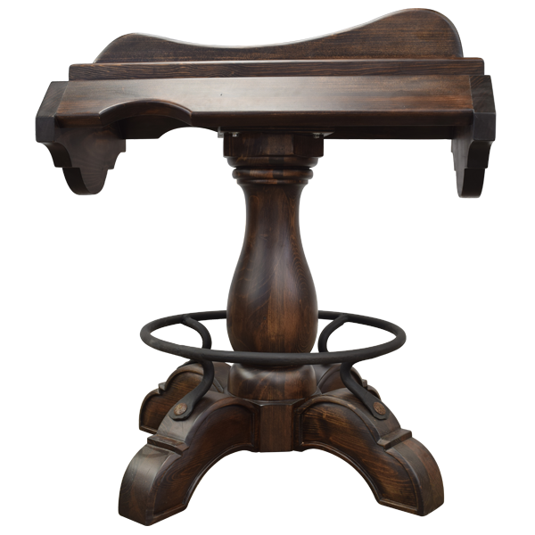 Side view of Champion 6 Saddle bar stool with carved wood and copper paneling