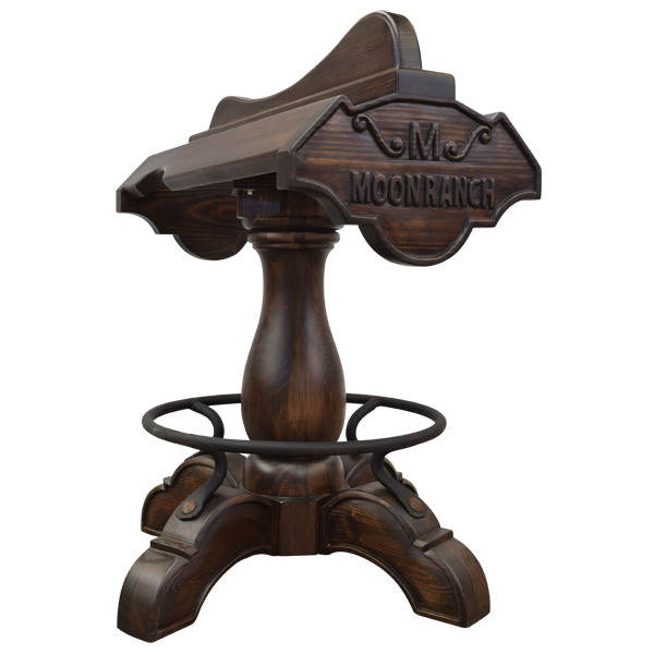 Three-quarter front view of Champion 6 Saddle bar stool with Western copper and iron details
