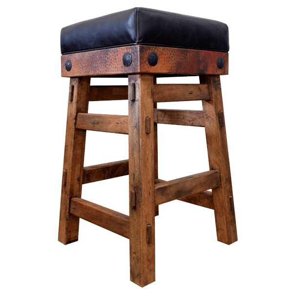 Three-quarter front view of Obsidiana 2 bar stool with leather upholstery and copper accents
