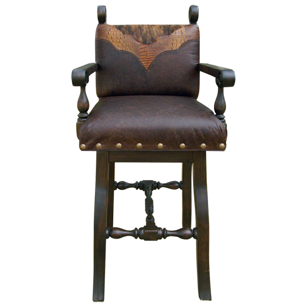 Front view of El Frecuente bar stool with dark leather seat and ornate carved wood details