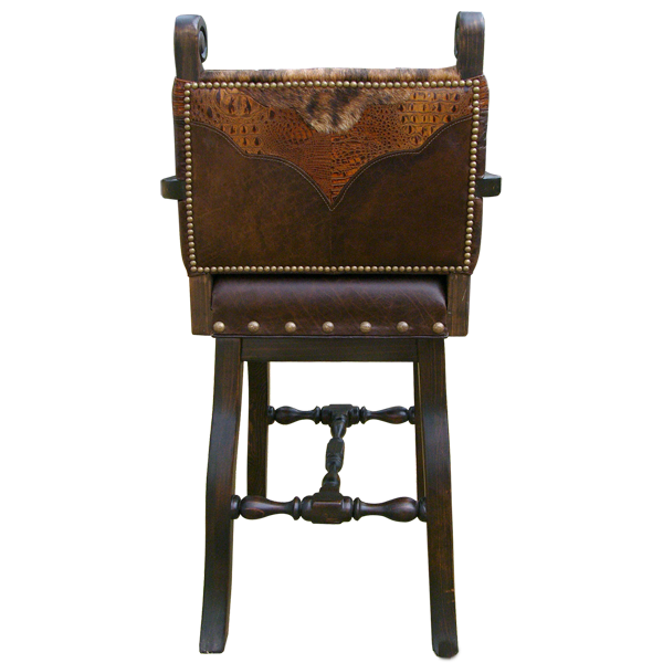 Rear view of El Frecuente bar stool with cowhide back and carved wood accents