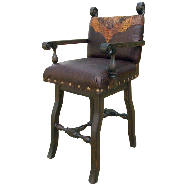 Three-quarter front view of El Frecuente bar stool with embossed leather and cowhide in “V” pattern