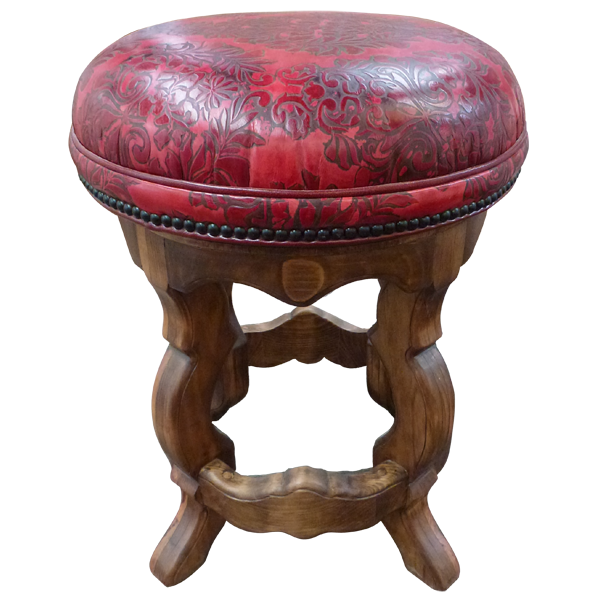 Elevated front view of La Fresa bar stool with red embossed leather and carved wood