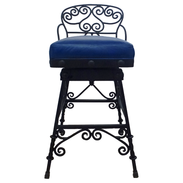 Front view of Iron bar stool with blue leather seat and curved iron backrest