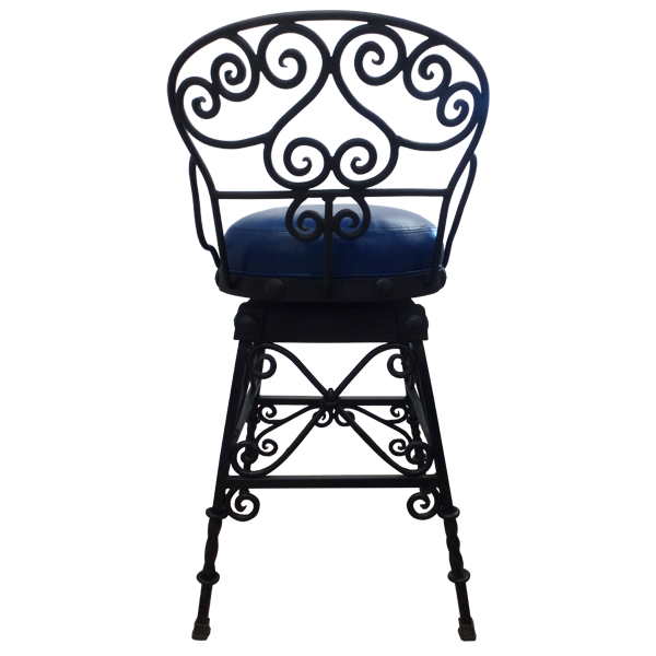 Rear view of Iron bar stool with curved iron back and scrolled ironwork