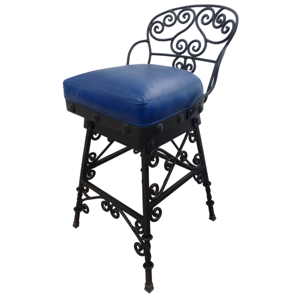 Three-quarter front view of Iron bar stool with blue leather and iron structure