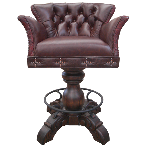 Front view of El Guapo bar stool with button tufted brown leather and decorative nail crosses