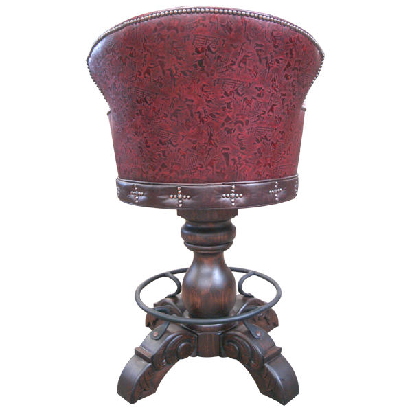 Rear view of El Guapo bar stool with embossed earthen leather and hand carved wood pedestal