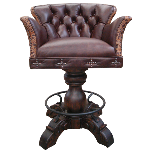 Front view of El Guapo 2 bar stool with button tufted brown leather and decorative nail crosses