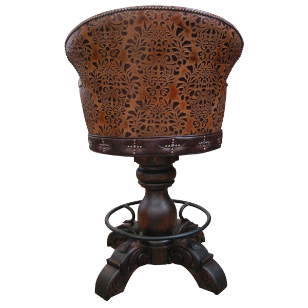 Rear view of El Guapo 2 bar stool with embossed leather and smooth leather band with decorative nails