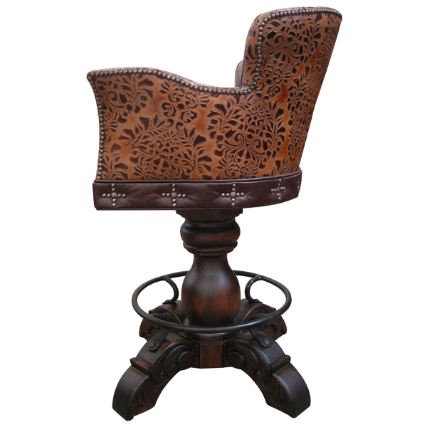 Side view of El Guapo 2 bar stool with embossed earthen and black leather and carved wood base