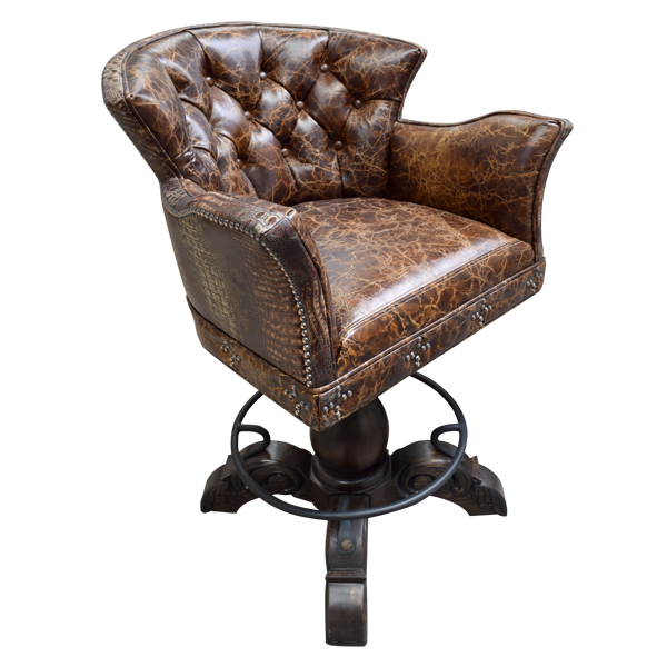 Elevated three-quarter front view of El Guapo 3 bar stool with leather and carved wood base
