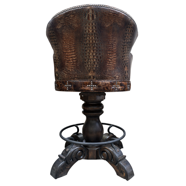 Rear view of El Guapo 3 bar stool with embossed leather backrest and nail trim