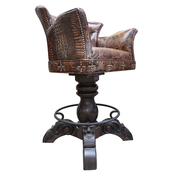 Three-quarter front view of El Guapo 3 bar stool with leather armrest and carved wood pedestal