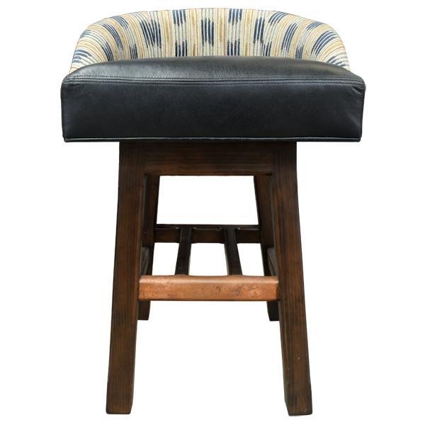 Front view of Harmony in Design bar stool with black leather and patterned fabric