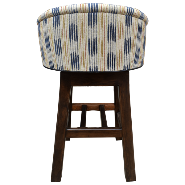 Rear view of Harmony in Design bar stool with patterned backrest and wood frame