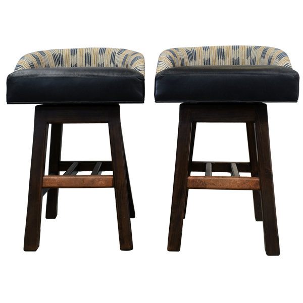 Set of two Harmony in Design bar stools with black leather and patterned fabric