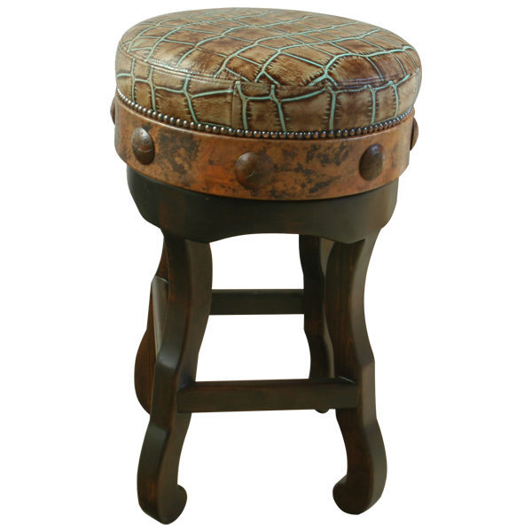 Elevated front view of handcrafted bar stool with simulated turtle leather and copper accents