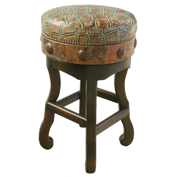 Elevated three-quarter front view of bar stool with copper band and leather seat