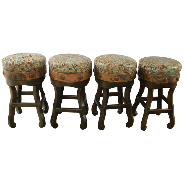 Set of four handcrafted bar stools with copper accents and embossed leather