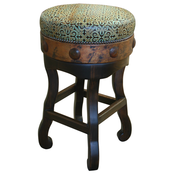 Three-quarter front view of handcrafted bar stool with turquoise leather and copper accents