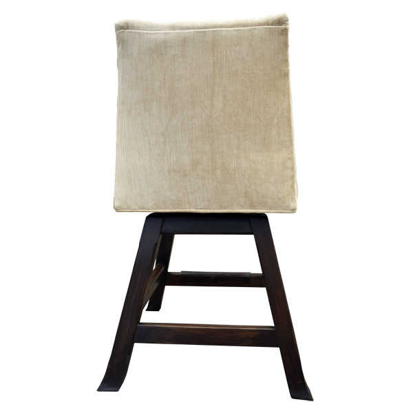 Rear view of cream upholstered swivel bar stool with dark stained wood frame
