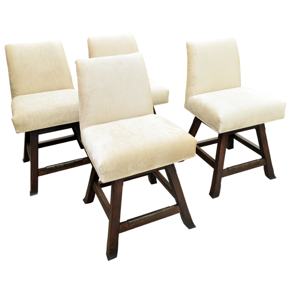 Set of four cream upholstered swivel bar stools shown in varied views