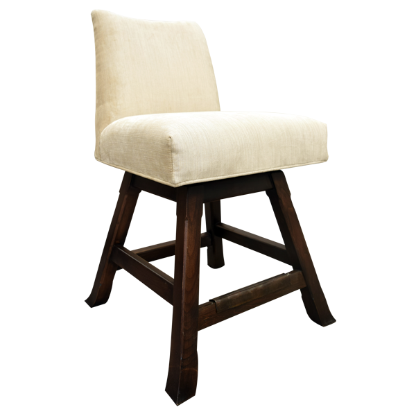 Three-quarter front view of cream upholstered swivel bar stool with wood frame
