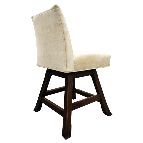 Three-quarter rear view of swivel bar stool with cream backrest and dark wood legs
