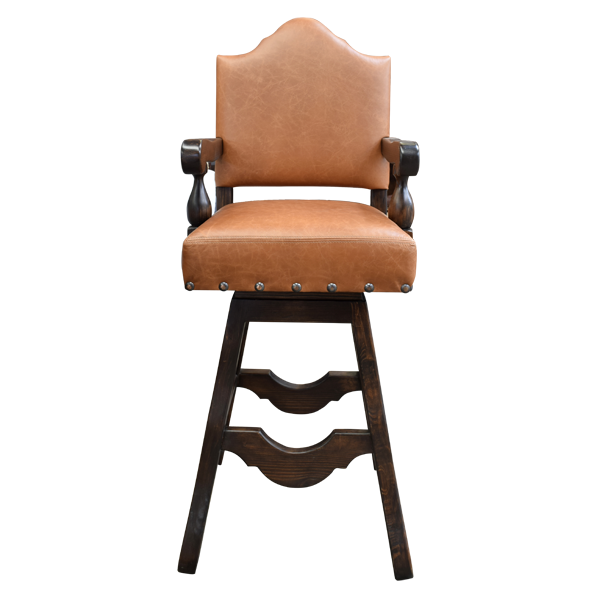Front view of swivel bar stool with salmon leather and high arched backrest