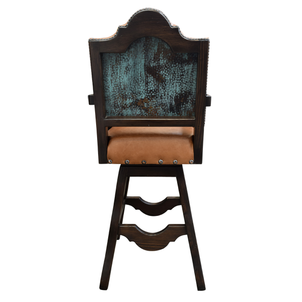 Rear view of turquoise leather swivel bar stool with hand forged nail accents