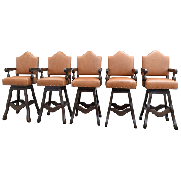Set of four handcrafted swivel bar stools shown in varied angles